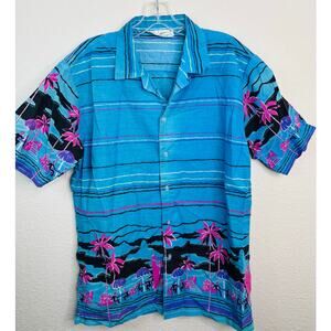 Repage 1980s Retro Vintage Hawaiian Shirt, Blue Pink Black Men's Size Med/Large